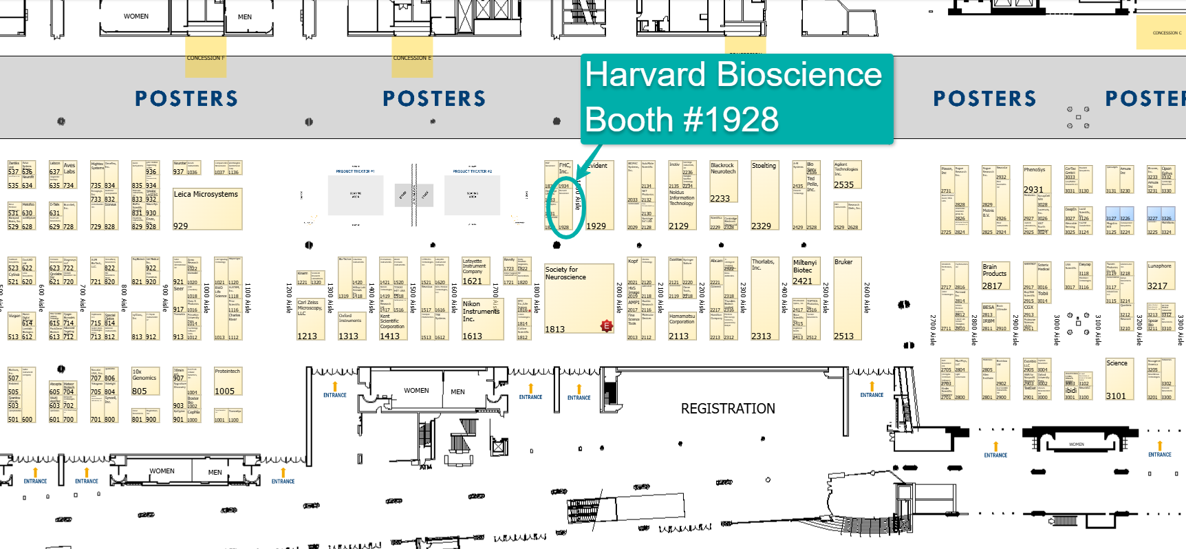 SfN 2025 floor plan showing HBio in booth #1928