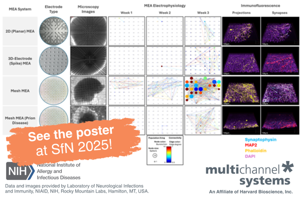 Chart showing Mesh MEA data and fluorescence images - Prion Disease and Neural Connectivity - Organoid Electrophysiology