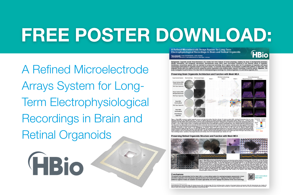 Free Poster Download: A Refined Microelectrode Arrays System for Long-Term Electrophysiological Recordings in Brain and Retinal Organoids - HBio - Mesh MEA